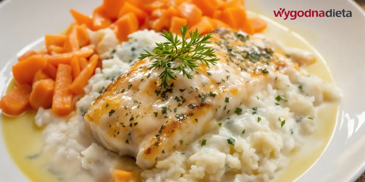 ryba duszona w sosie jogurtowo-koperkowym z ryżem i gotowaną marchewką