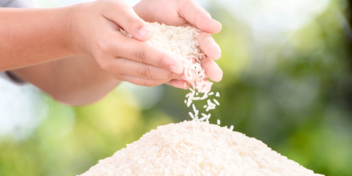 Zdjęcie dłoni wysypujących ryż biały na stos