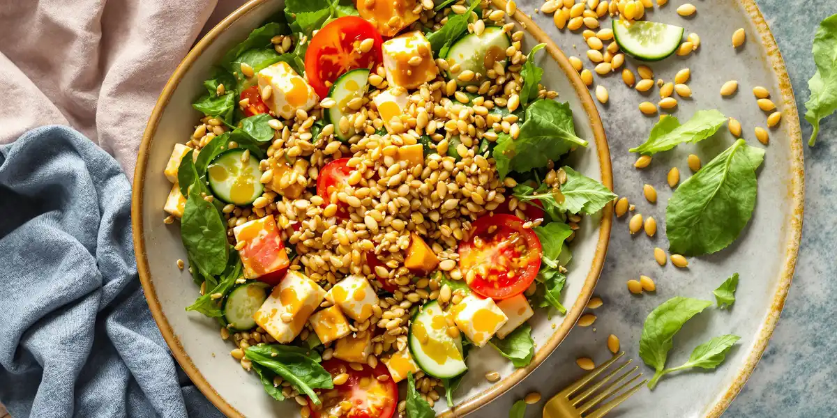 sałatka z kaszą gryczaną, tofu i warzywami