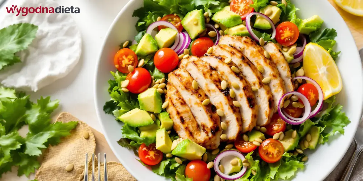 sałatka z grillowanym filetem z kurczaka, mixem sałat, pomidorem, awokado i czerwoną cebulą