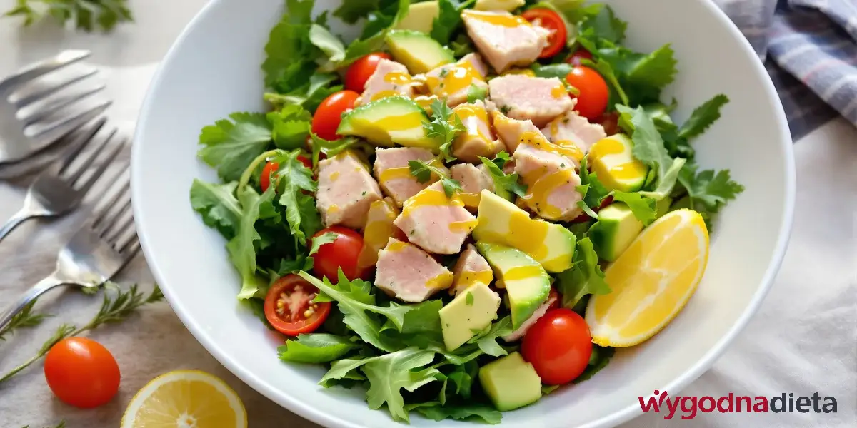 sałatka z tuńczyka, awokado, pomidorów i rukoli z oliwą z oliwek