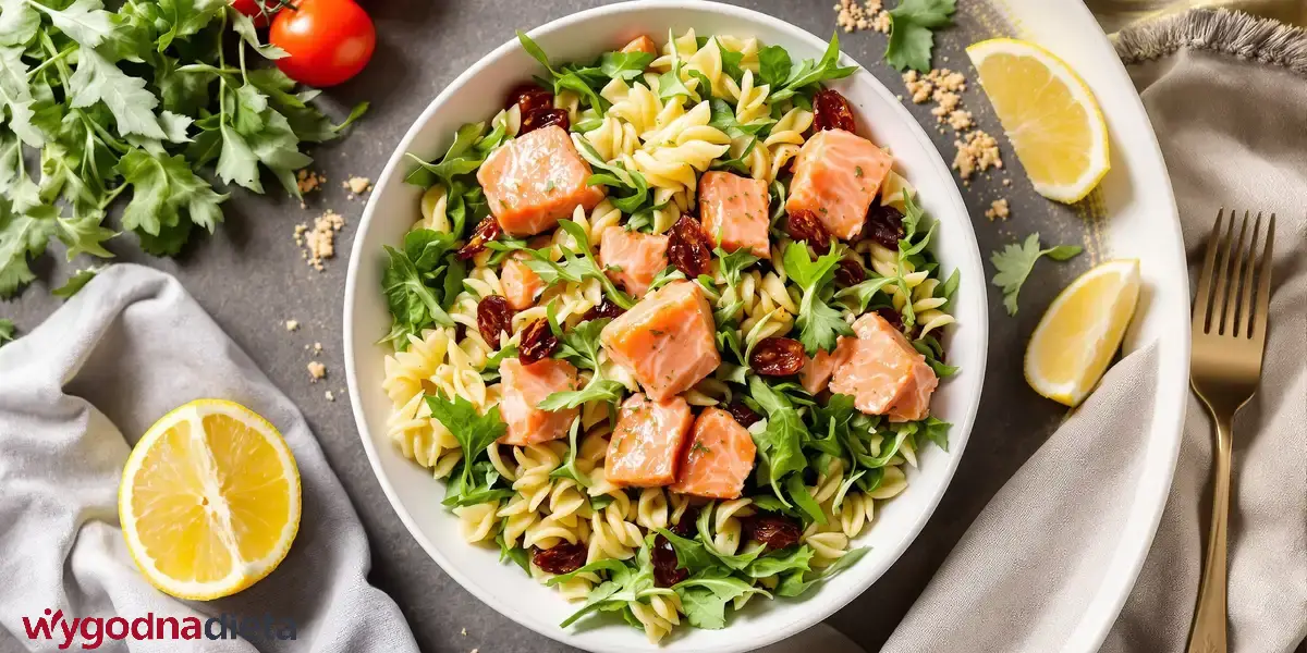 sałatka z wędzonym łososiem, makaronem bezglutenowym, rukolą i suszonymi pomidorami