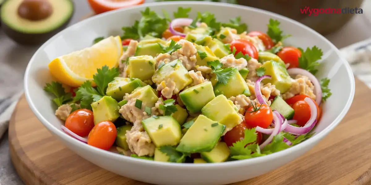 sałatka z awokado, tuńczykiem, czerwoną cebulą i pomidorkami koktajlowymi