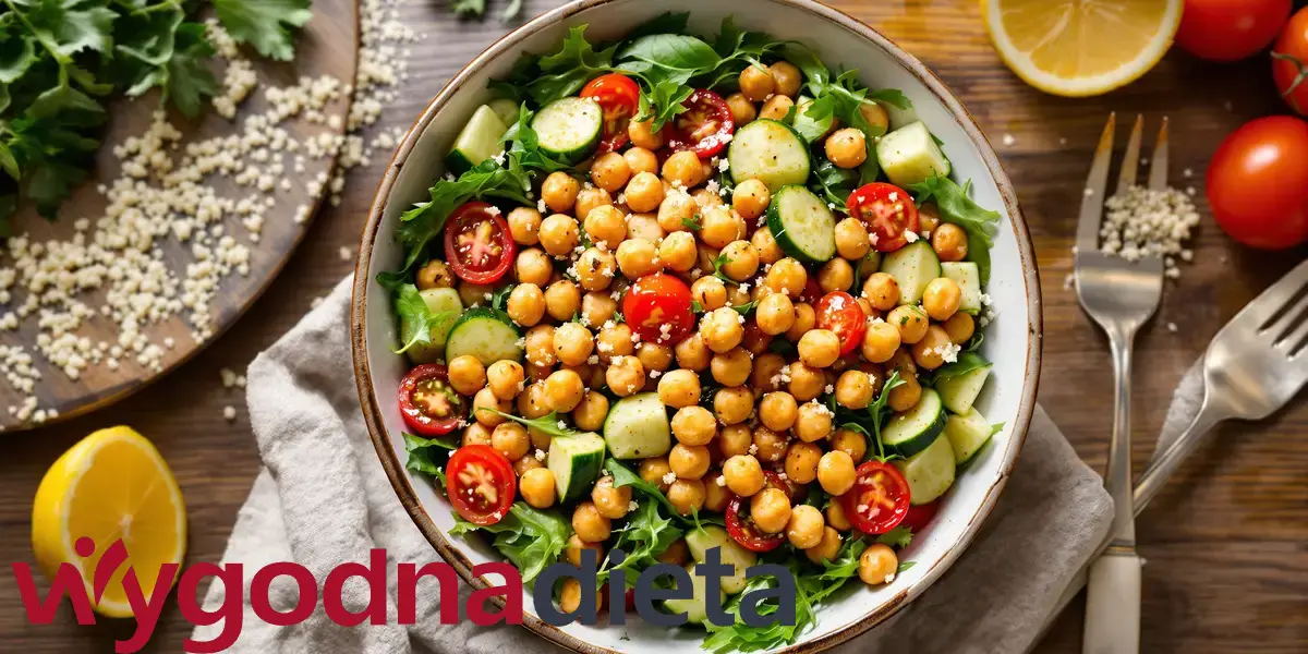 sałatka z pieczoną ciecierzycą i sosem na bazie oliwy z oliwek