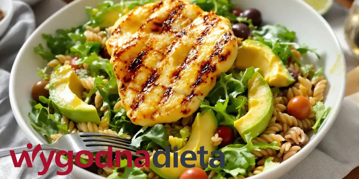 sałatka z grillowanym halloumi, rukolą, awokado, makaronem razowym i oliwkami