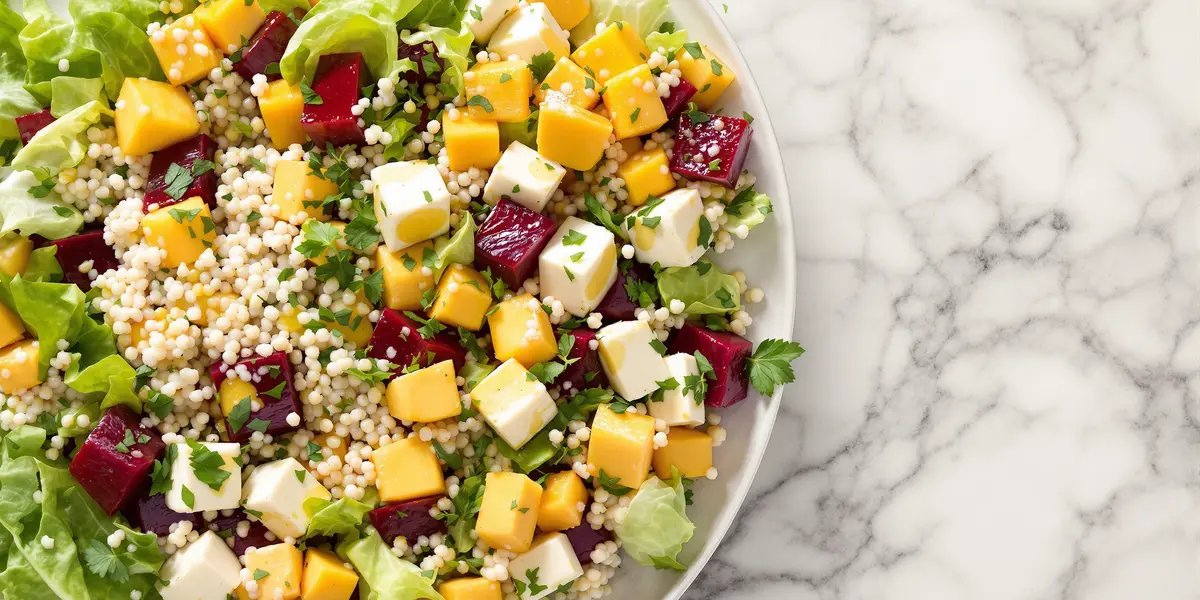 Sałatka z kuskusem, burakiem, mango, tofu i roszponką