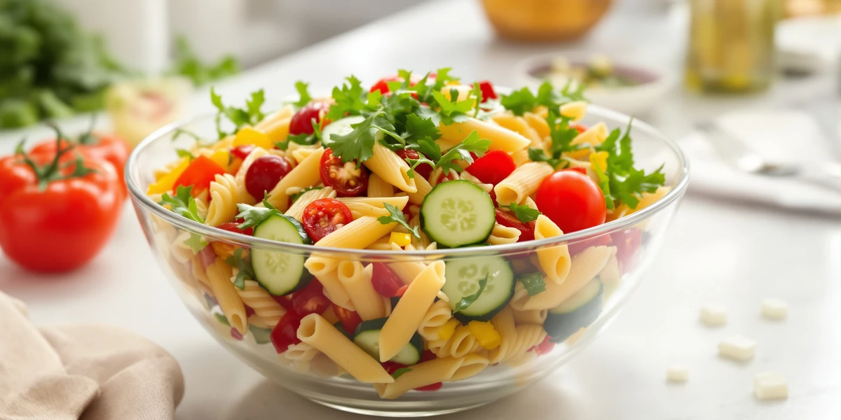 Sałatka makaronowa z warzywami w misce