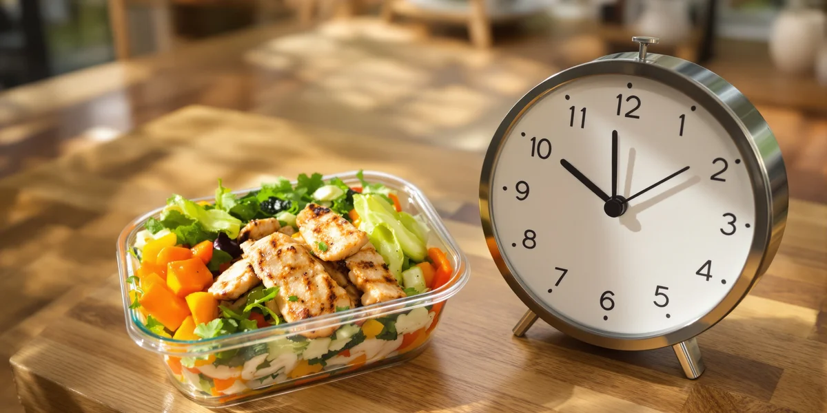 Sałatka w pojemniku obok zegara
