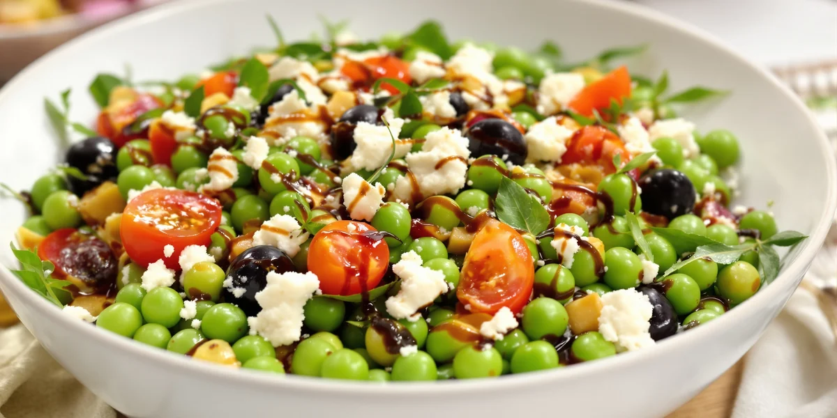 sałatka z zielonego groszku, oliwek, koziego sera, pomidorków koktajlowych z dodatkiem miechunki