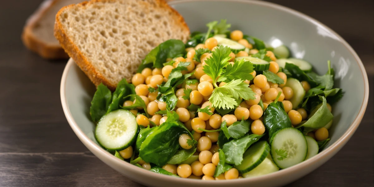 sałatka z ciecierzycą, szpinakiem, ogórkiem, oliwą i natką pietruszki, z kromką chleba pełnoziarnistego