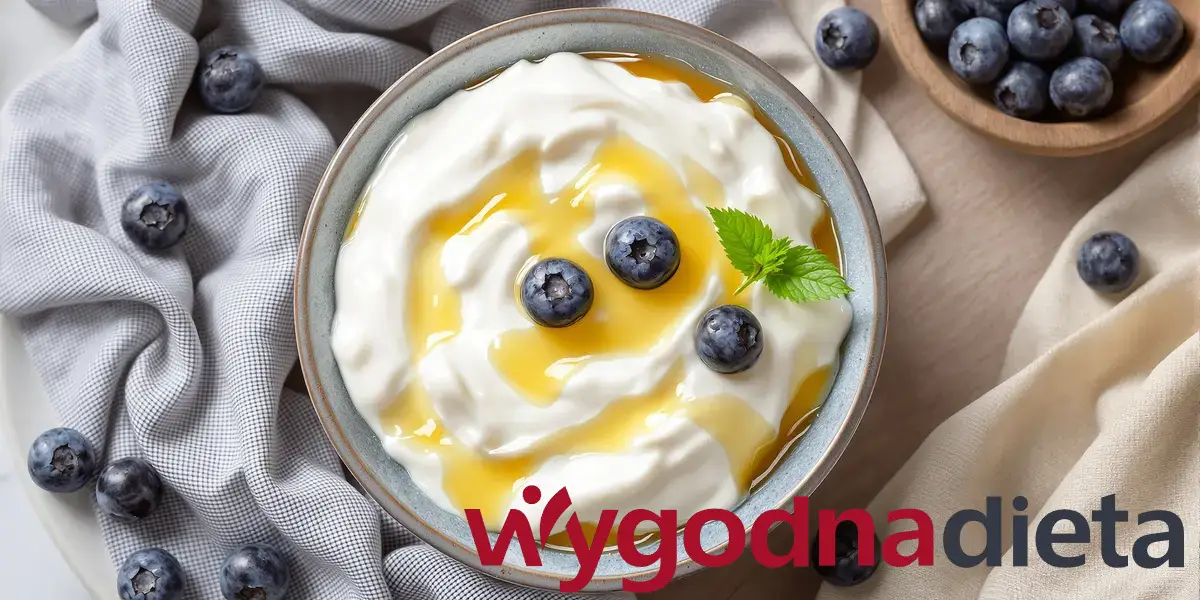 jogurt naturalny z garścią borówek i łyżeczką miodu