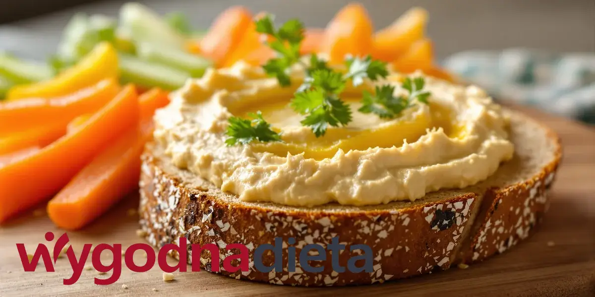 kromka pieczywa z hummusem i świeżymi warzywami