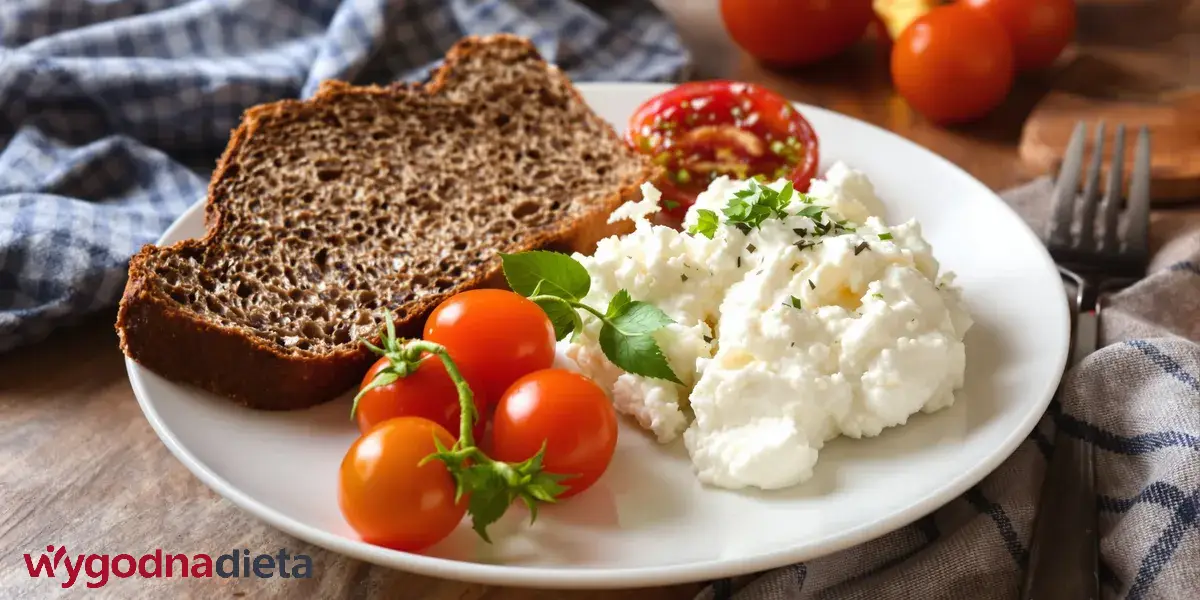 serek wiejski, pomidory koktajlowe i kromka razowego pieczywa