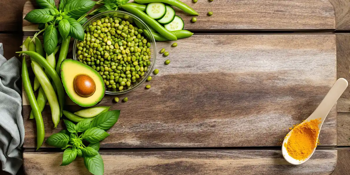 awokado, kurkuma, bazylia położone na drewnianej desce