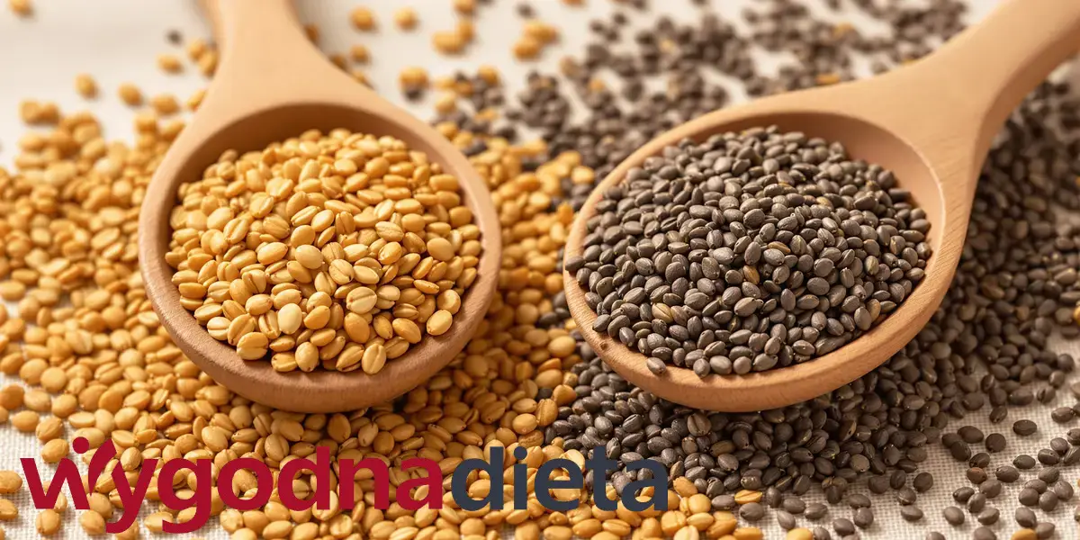 dwie drewniane łyżki: w jednej jest siemie lniane, w drugiej nasiona chia