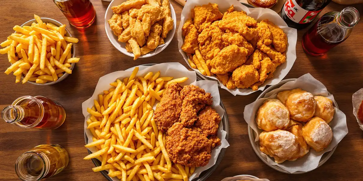 Smażony kurczak, frytki, pączki