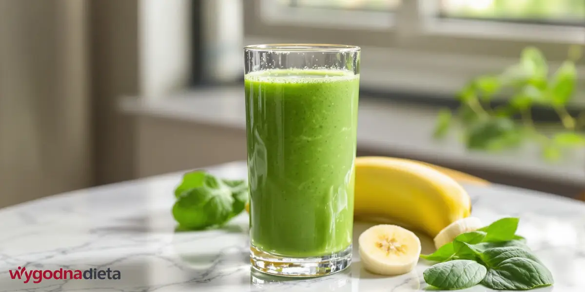 szklanka smoothie z bananem, szpinakiem i mlekiem roślinnym