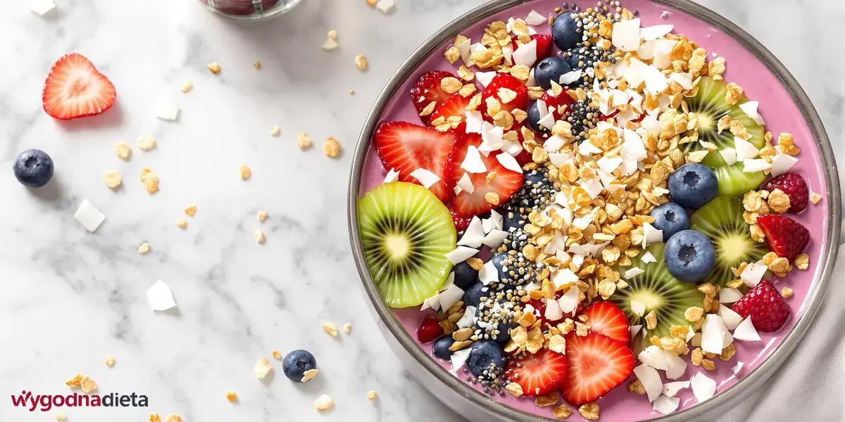 borówkowy smoothie bowl z truskawkami, kiwi, malinami i orzechami