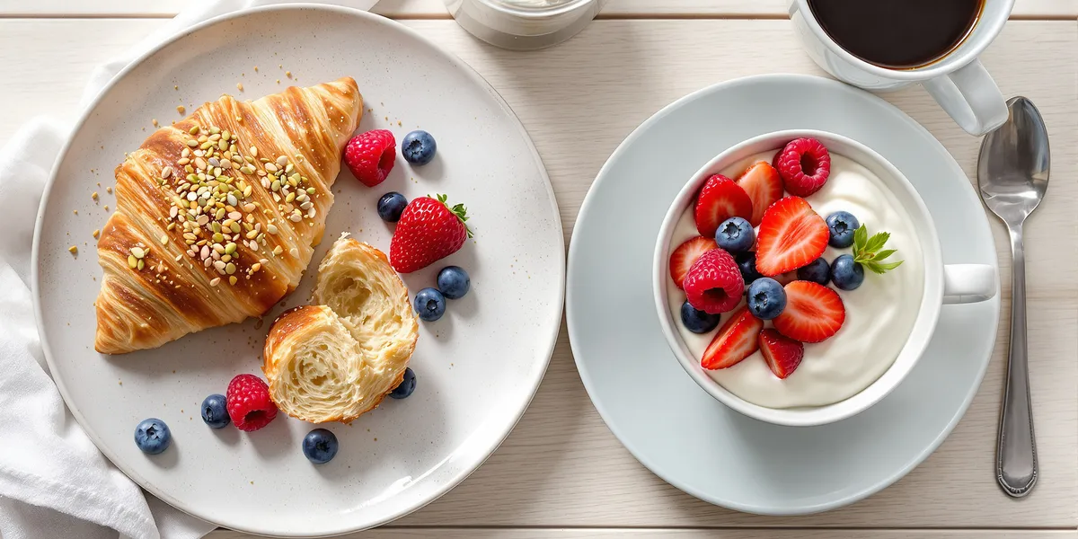 śniadanie z croissantem pistacjowym, skyrem oraz owocami