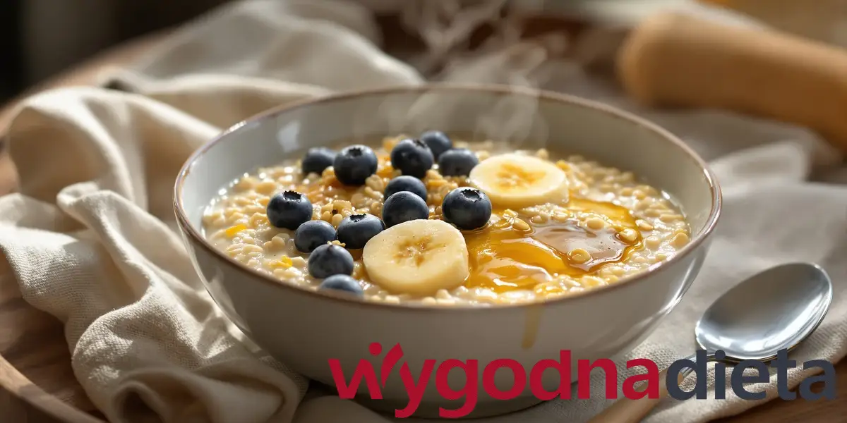 owsianka na mleku roślinnym owsianym z dodatkiem świeżych borówek i banana i łyżeczką nasion chia