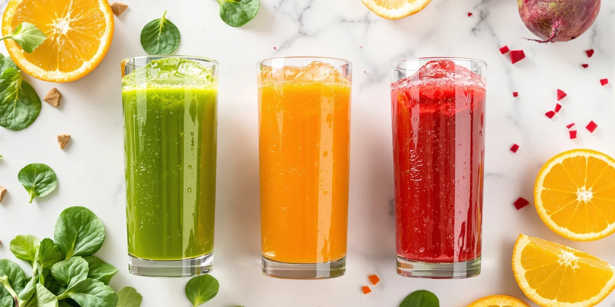 trzy szklanki z sokami: szpinakowym, pomarańczowym i buraczanym