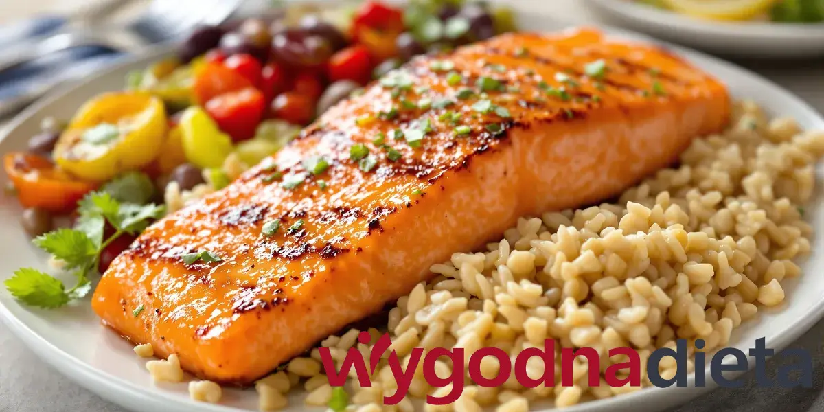 kasza, filet z łososia i pieczone warzywa