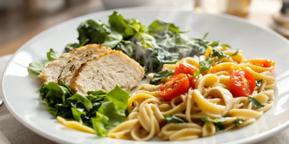 makaron z pomidorkami koktajlowymi i piersią z kurczaka