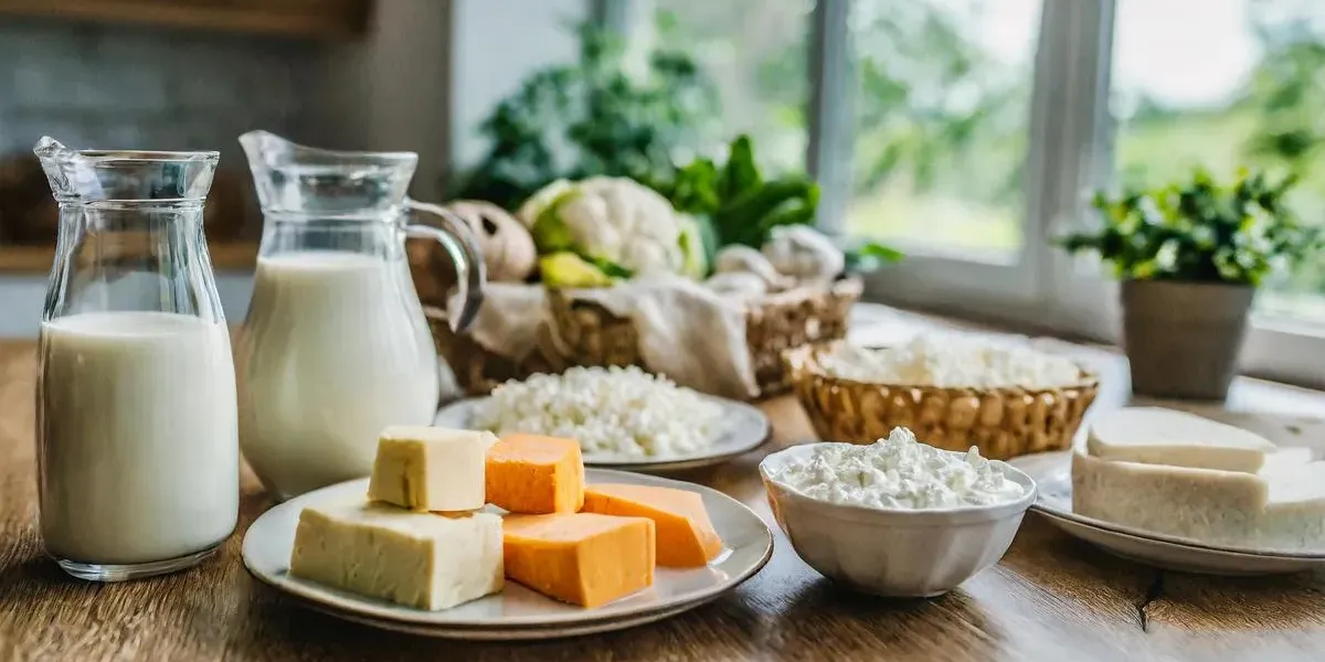 produkty bez laktozy na stole kuchennym (mleko, twaróg, ser)