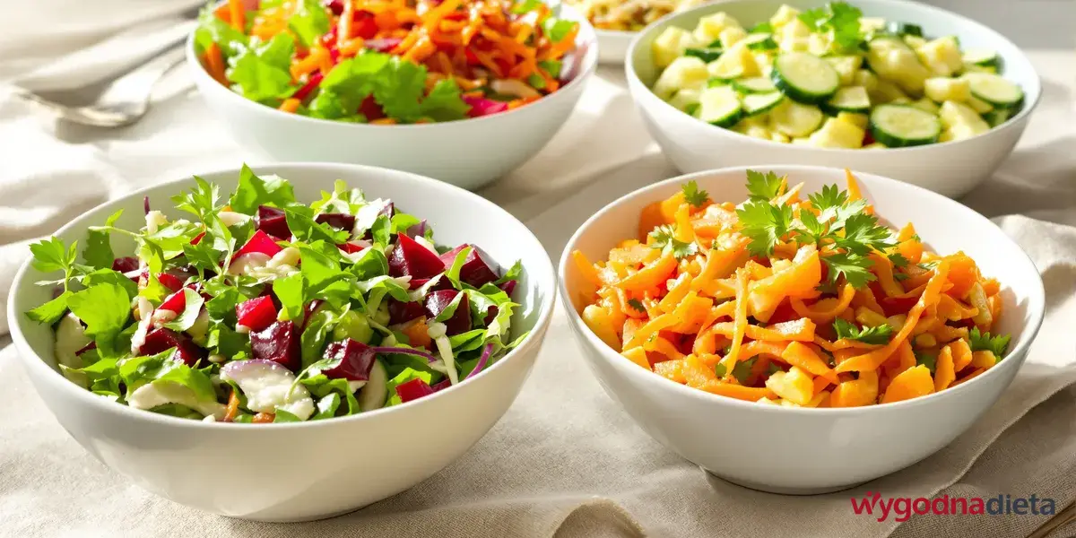 cztery miski ze świeżymi surówkami i sałatkami