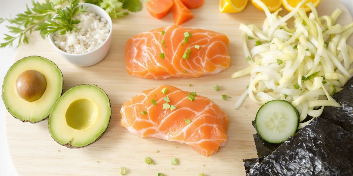 Świeże składniki do sushi na desce