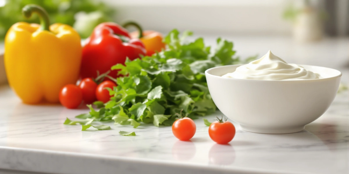 Świeże warzywa i biały jogurt w misce