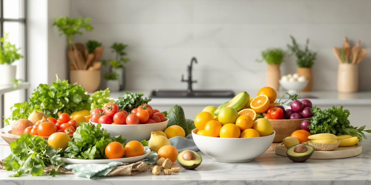 świeże warzywa i owoce na blacie