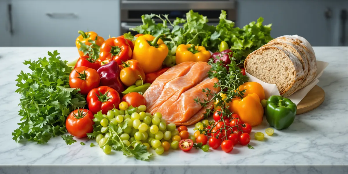 Świeże warzywa, ryba i chleb pełnoziarnisty