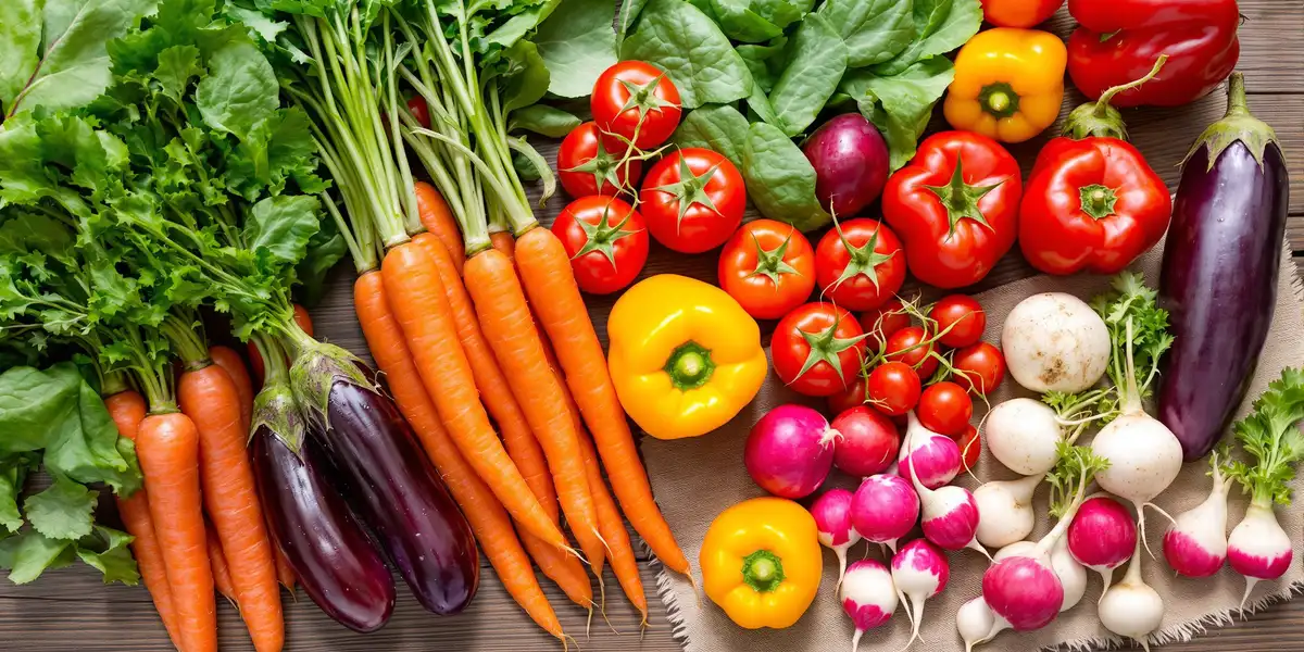 świeże pomidory, pęczek marchwi, papryki, rzodkiewki i bakłażany