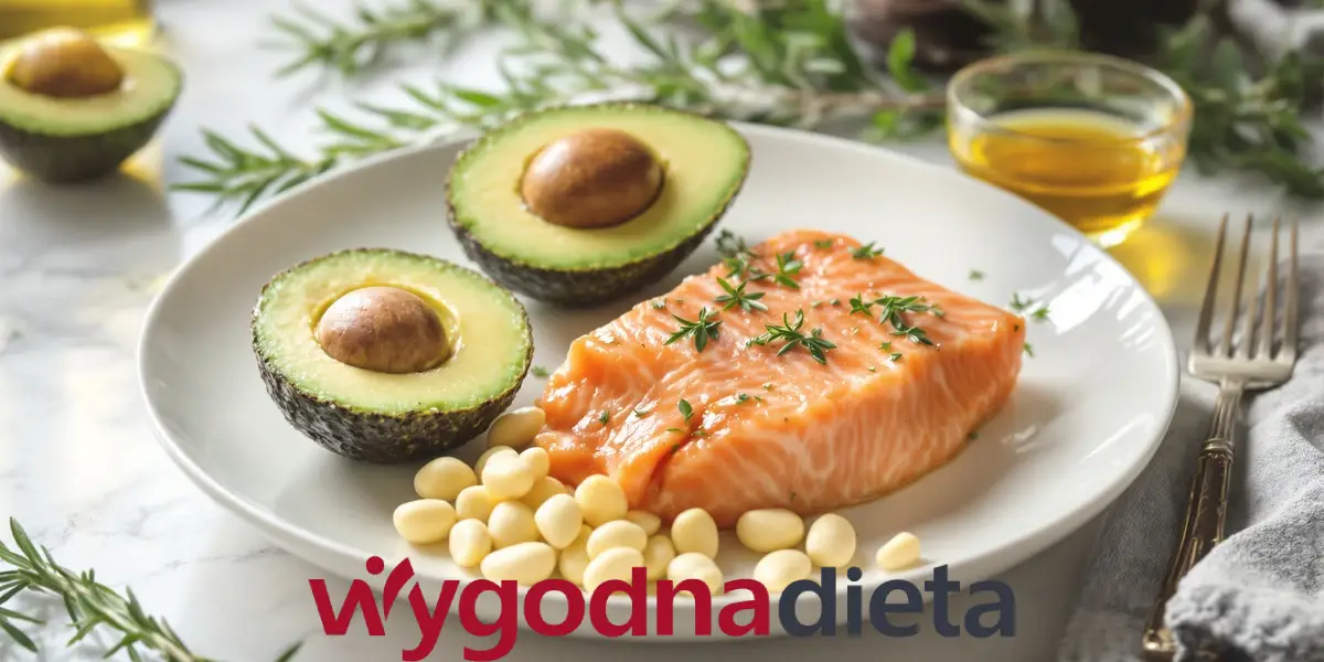 połówki awokado z pestką, filet z łososia i orzechy ułożone na talerzu
