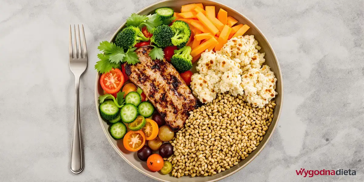 talerz przedstawiający odpowiednie propocje warzyw, błonnika i białka