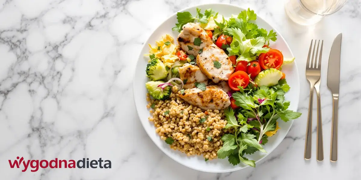 zdrowy posiłek na talerzu składający się z piersi z kurczaka, kaszy i sałatki