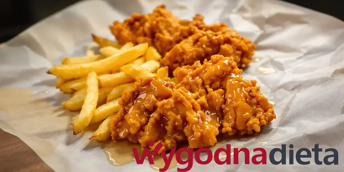 nuggetsy polane sosem serowym i frytki