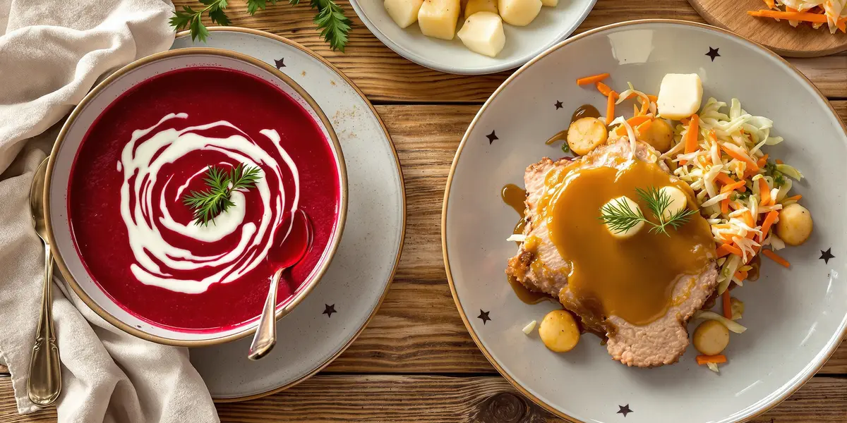 barszcz ukraiński z pieczenią, ziemniakami i surówką z marchwi i pora