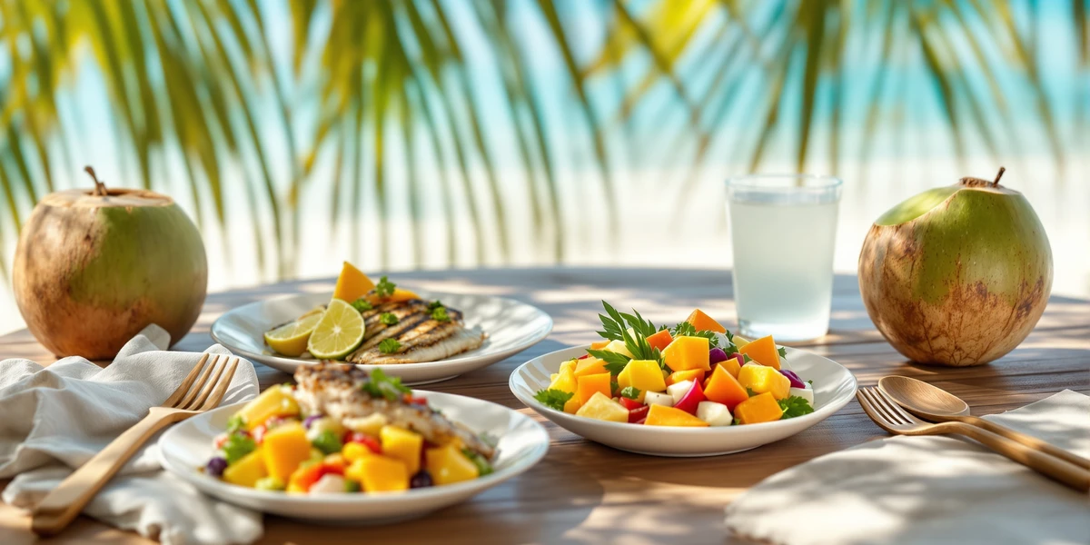 Lekki tropikalny posiłek na plaży: grillowana ryba, owoce tropikalne, sałatka i woda kokosowa w blasku słońca.