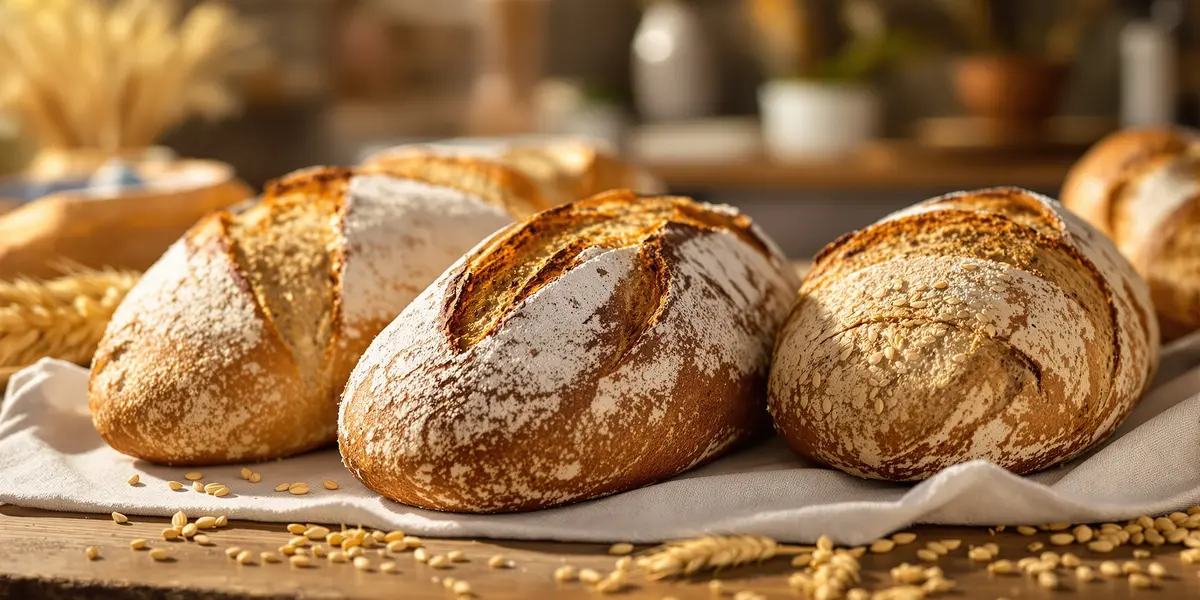 Trzy bochenki chleba położone na lnianej ścierce