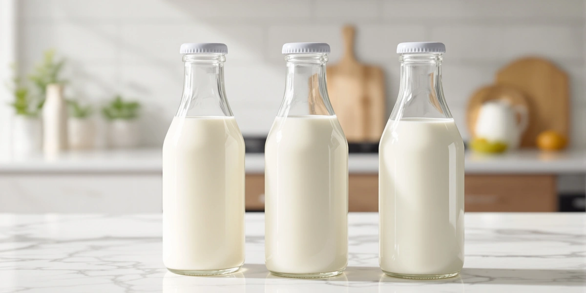 Trzy butelki mleka na blacie