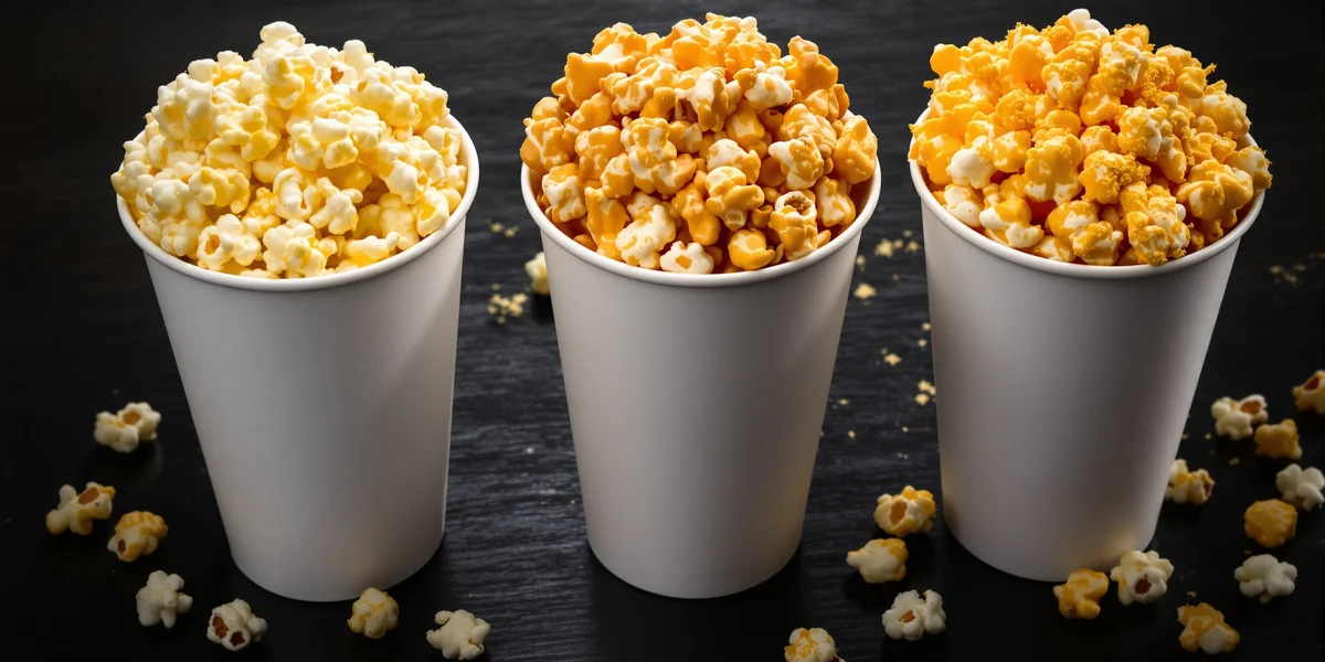 Trzy kubki popcornu w różnych smakach