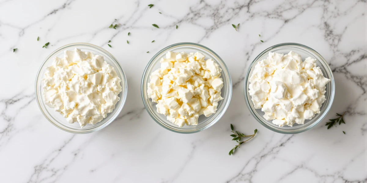 Trzy miski serka wiejskiego na marmurze