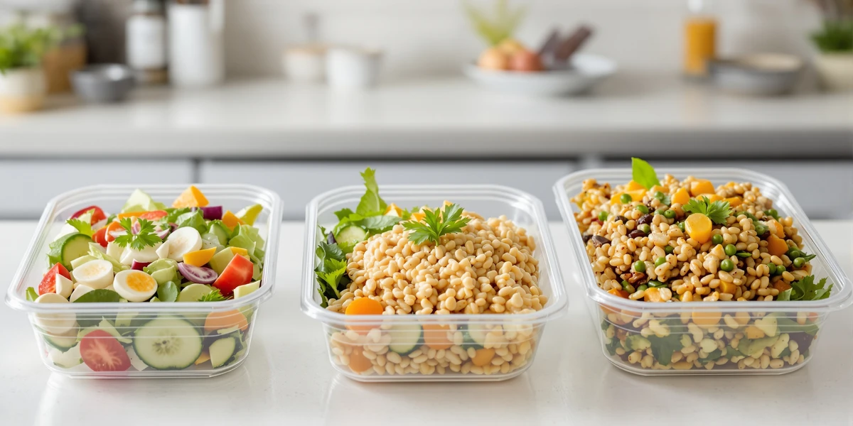 Trzy pojemniki z dietetycznymi posiłkami