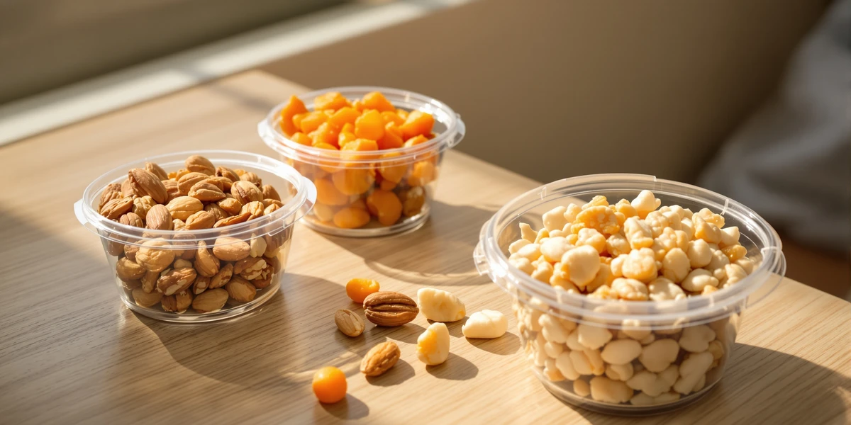 Trzy pojemniki ze zdrowymi przekąskami