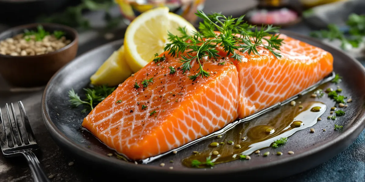 filet łososia na talerzu skropiony oliwą