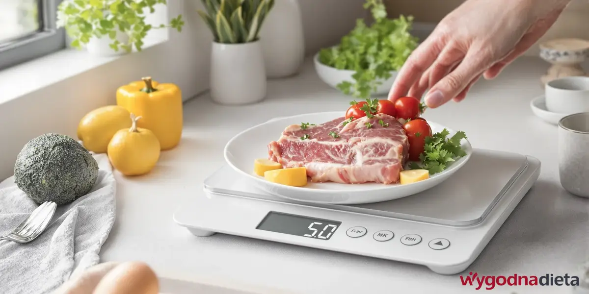 waga z talerzem pełnym dobrych produktów na diecie keto