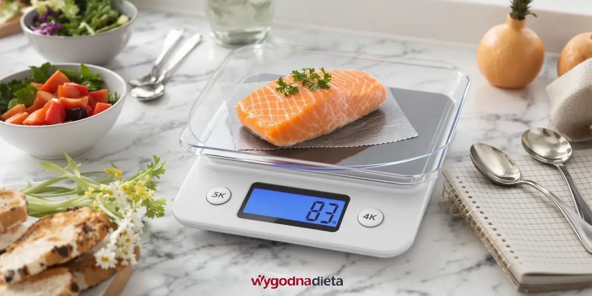 kawałek świeżego łososia na wadze kuchennej
