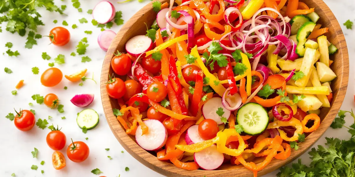 sałatka warzywna na bazie papryki, czerwonej cebuli i pomidorków koktajlowych